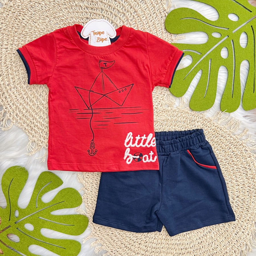 Conj. Camiseta Little Boat e Bermuda - Vermelho e Marinho